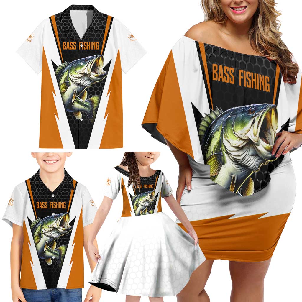 Bass Fishing Family Matching Off Shoulder Short Dress and Hawaiian Shirt Jumping Largemouth Fish on Black Hex Pattern and Orange White Lightning Accents - Wonder Print Shop