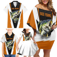 Bass Fishing Family Matching Off Shoulder Short Dress and Hawaiian Shirt Jumping Largemouth Fish on Black Hex Pattern and Orange White Lightning Accents - Wonder Print Shop