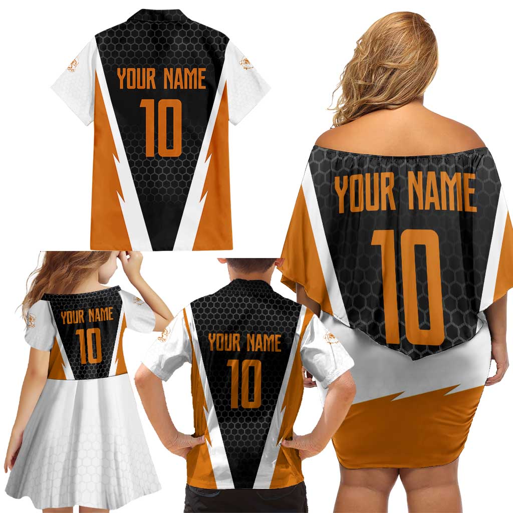 Bass Fishing Family Matching Off Shoulder Short Dress and Hawaiian Shirt Jumping Largemouth Fish on Black Hex Pattern and Orange White Lightning Accents - Wonder Print Shop