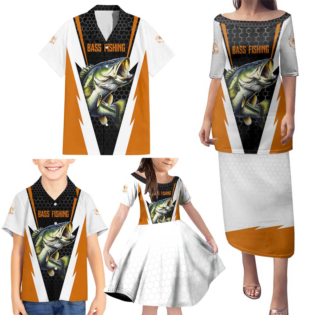 Bass Fishing Family Matching Puletasi and Hawaiian Shirt Jumping Largemouth Fish on Black Hex Pattern and Orange White Lightning Accents - Wonder Print Shop
