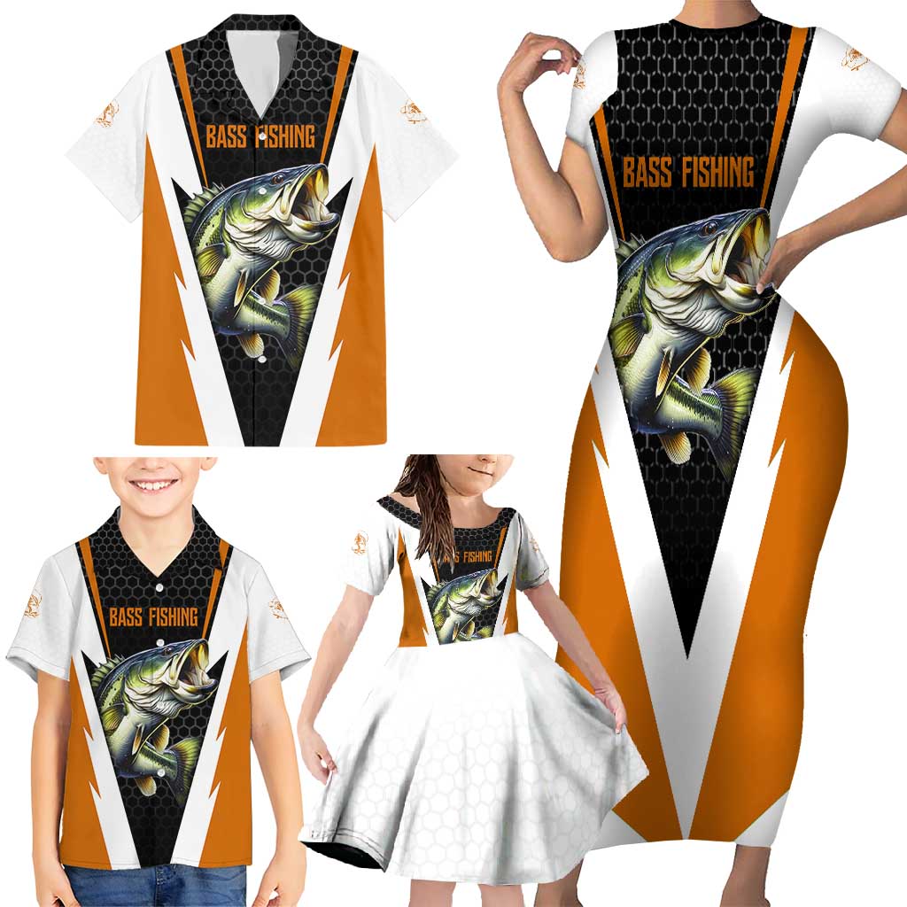 Bass Fishing Family Matching Short Sleeve Bodycon Dress and Hawaiian Shirt Jumping Largemouth Fish on Black Hex Pattern and Orange White Lightning Accents - Wonder Print Shop