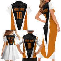 Bass Fishing Family Matching Short Sleeve Bodycon Dress and Hawaiian Shirt Jumping Largemouth Fish on Black Hex Pattern and Orange White Lightning Accents - Wonder Print Shop