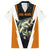Bass Fishing Family Matching Short Sleeve Bodycon Dress and Hawaiian Shirt Jumping Largemouth Fish on Black Hex Pattern and Orange White Lightning Accents - Wonder Print Shop