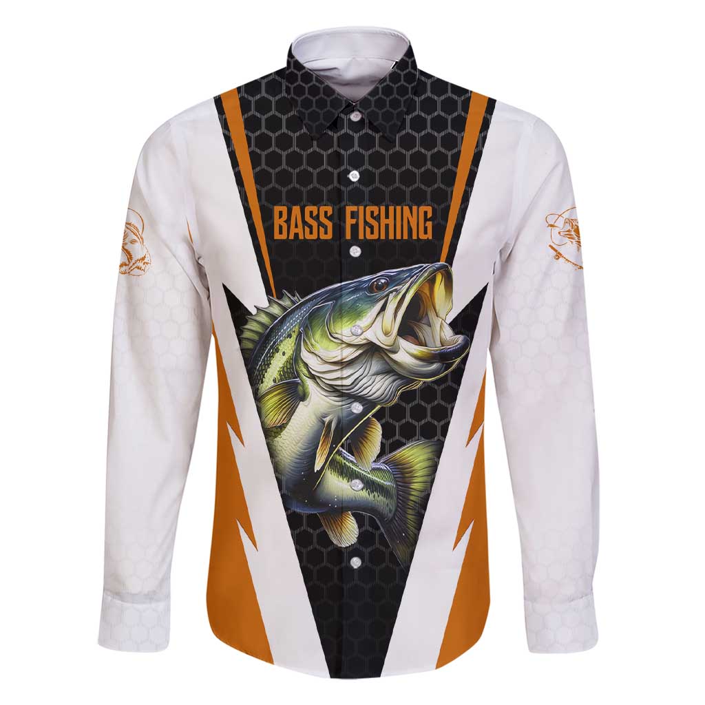 Bass Fishing Family Matching Short Sleeve Bodycon Dress and Hawaiian Shirt Jumping Largemouth Fish on Black Hex Pattern and Orange White Lightning Accents - Wonder Print Shop