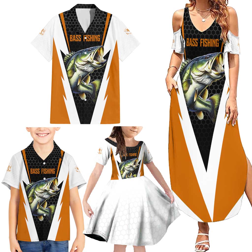 Bass Fishing Family Matching Summer Maxi Dress and Hawaiian Shirt Jumping Largemouth Fish on Black Hex Pattern and Orange White Lightning Accents - Wonder Print Shop