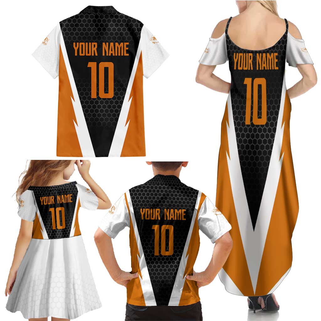 Bass Fishing Family Matching Summer Maxi Dress and Hawaiian Shirt Jumping Largemouth Fish on Black Hex Pattern and Orange White Lightning Accents - Wonder Print Shop
