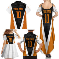 Bass Fishing Family Matching Summer Maxi Dress and Hawaiian Shirt Jumping Largemouth Fish on Black Hex Pattern and Orange White Lightning Accents - Wonder Print Shop