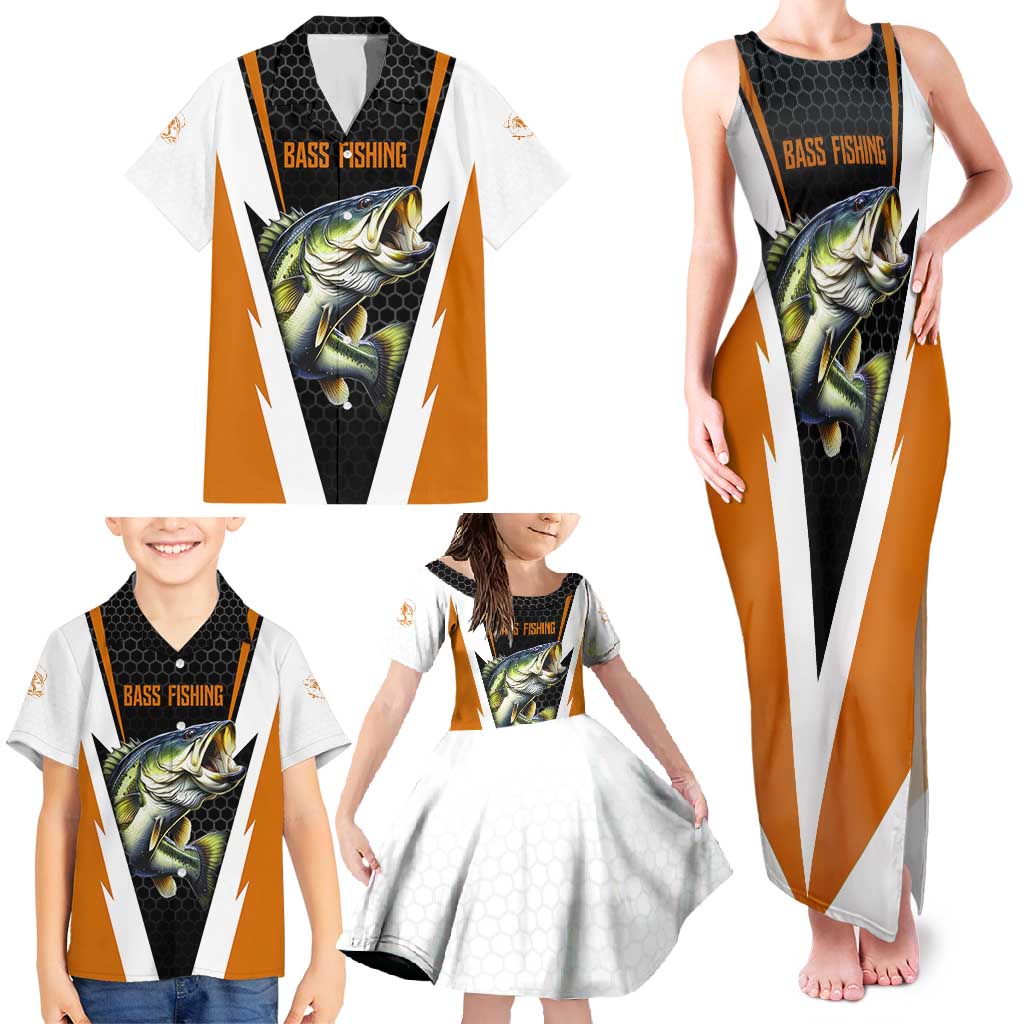 Bass Fishing Family Matching Tank Maxi Dress and Hawaiian Shirt Jumping Largemouth Fish on Black Hex Pattern and Orange White Lightning Accents - Wonder Print Shop