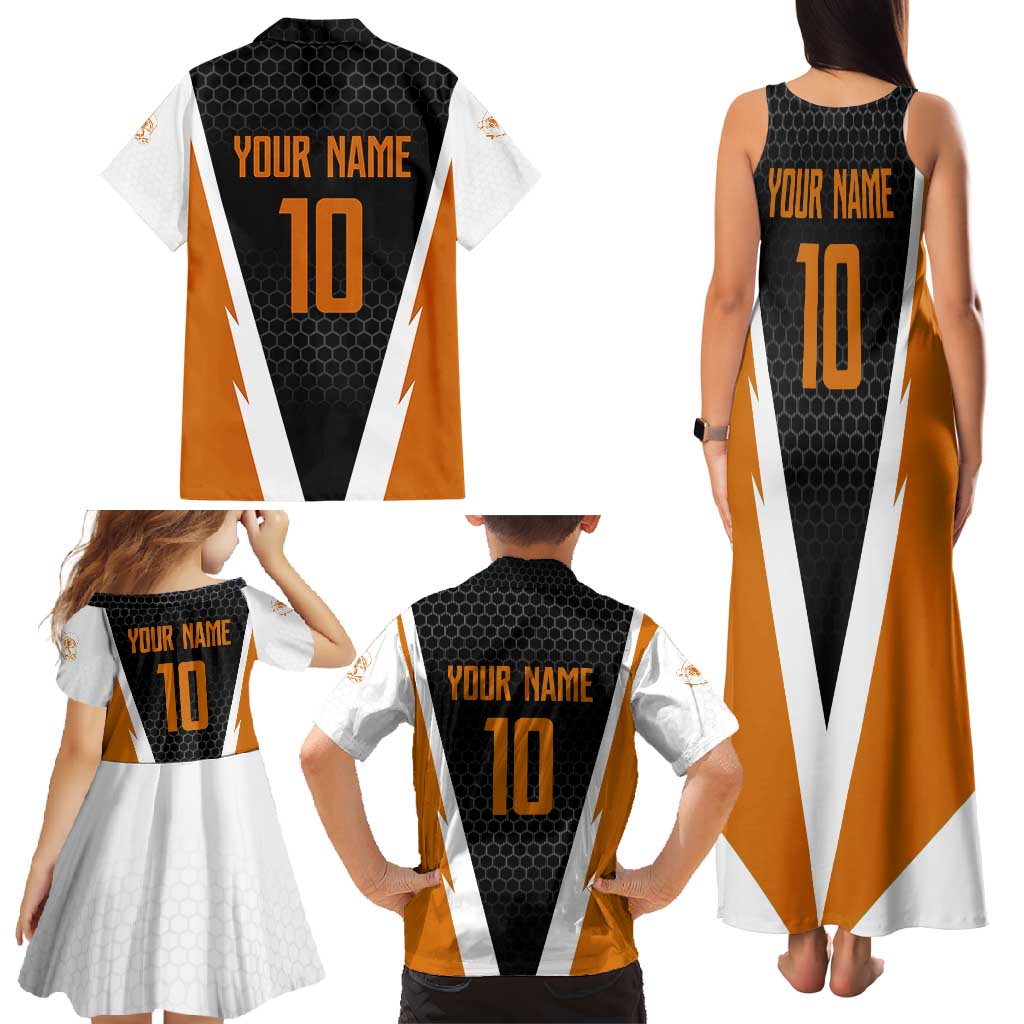 Bass Fishing Family Matching Tank Maxi Dress and Hawaiian Shirt Jumping Largemouth Fish on Black Hex Pattern and Orange White Lightning Accents - Wonder Print Shop