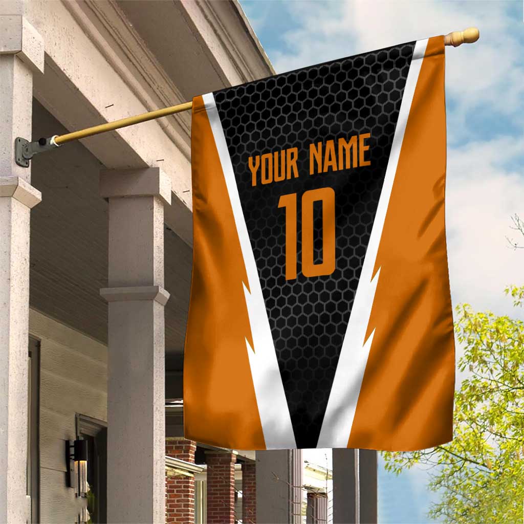 Bass Fishing Garden Flag Jumping Largemouth Fish on Black Hex Pattern and Orange White Lightning Accents - Wonder Print Shop