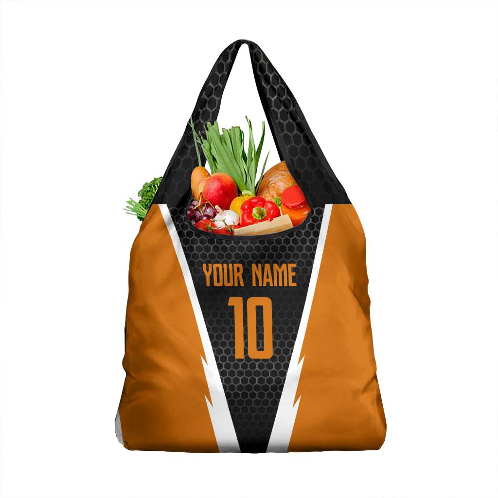 Bass Fishing Grocery Bag Jumping Largemouth Fish on Black Hex Pattern and Orange White Lightning Accents - Wonder Print Shop