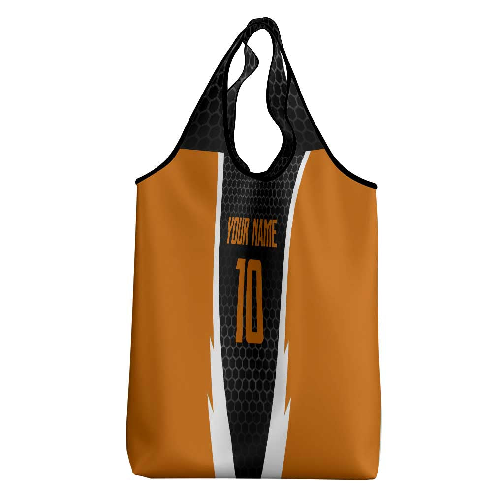 Bass Fishing Grocery Bag Jumping Largemouth Fish on Black Hex Pattern and Orange White Lightning Accents - Wonder Print Shop