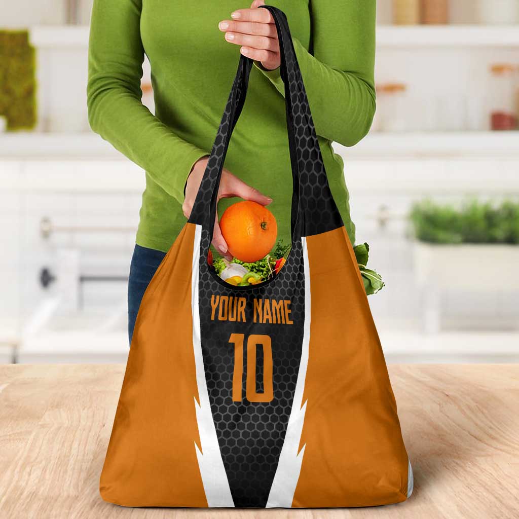 Bass Fishing Grocery Bag Jumping Largemouth Fish on Black Hex Pattern and Orange White Lightning Accents - Wonder Print Shop