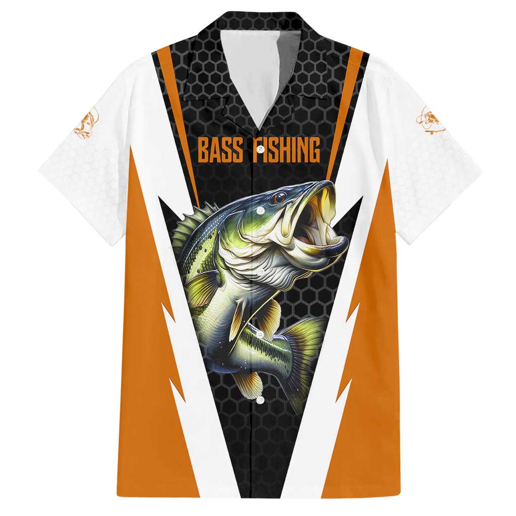Bass Fishing Hawaiian Shirt Jumping Largemouth Fish on Black Hex Pattern and Orange White Lightning Accents - Wonder Print Shop