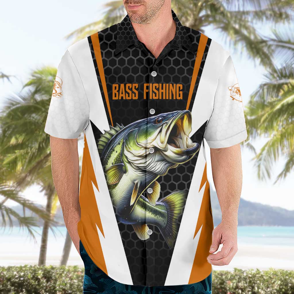 Bass Fishing Hawaiian Shirt Jumping Largemouth Fish on Black Hex Pattern and Orange White Lightning Accents - Wonder Print Shop
