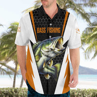 Bass Fishing Hawaiian Shirt Jumping Largemouth Fish on Black Hex Pattern and Orange White Lightning Accents - Wonder Print Shop