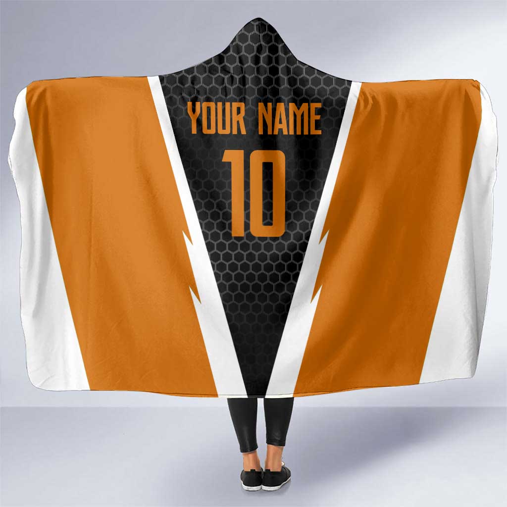 Bass Fishing Hooded Blanket Jumping Largemouth Fish on Black Hex Pattern and Orange White Lightning Accents - Wonder Print Shop