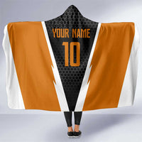 Bass Fishing Hooded Blanket Jumping Largemouth Fish on Black Hex Pattern and Orange White Lightning Accents - Wonder Print Shop