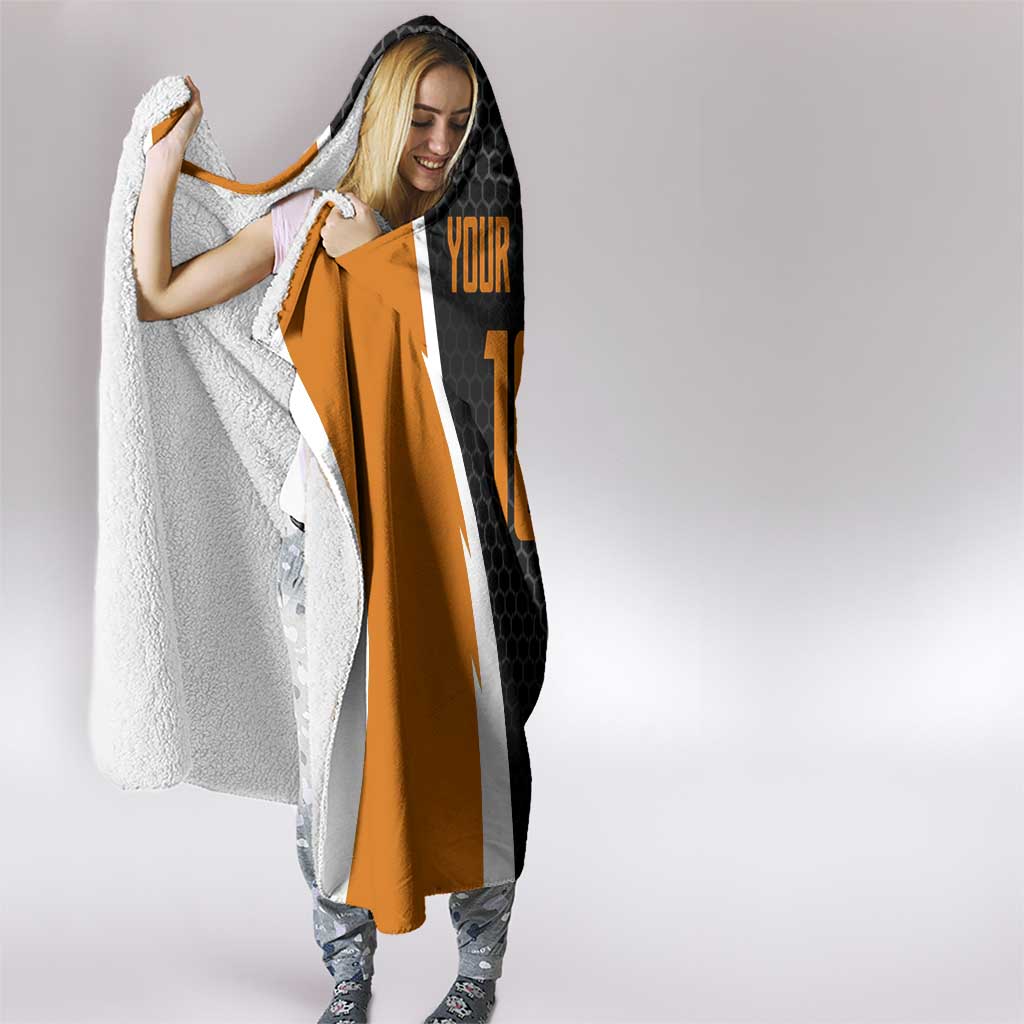 Bass Fishing Hooded Blanket Jumping Largemouth Fish on Black Hex Pattern and Orange White Lightning Accents - Wonder Print Shop