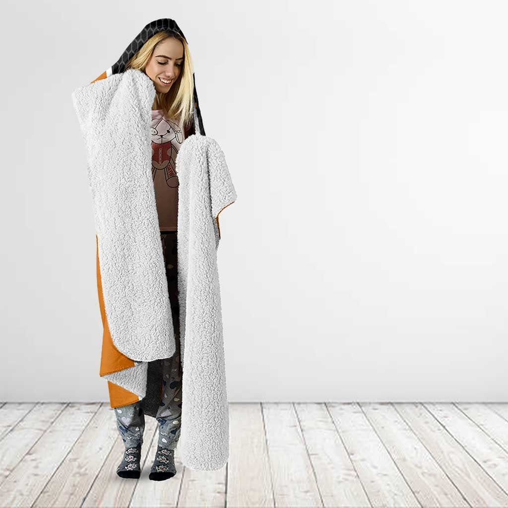 Bass Fishing Hooded Blanket Jumping Largemouth Fish on Black Hex Pattern and Orange White Lightning Accents - Wonder Print Shop