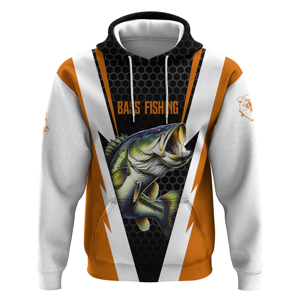 Bass Fishing Hoodie Jumping Largemouth Fish on Black Hex Pattern and Orange White Lightning Accents - Wonder Print Shop