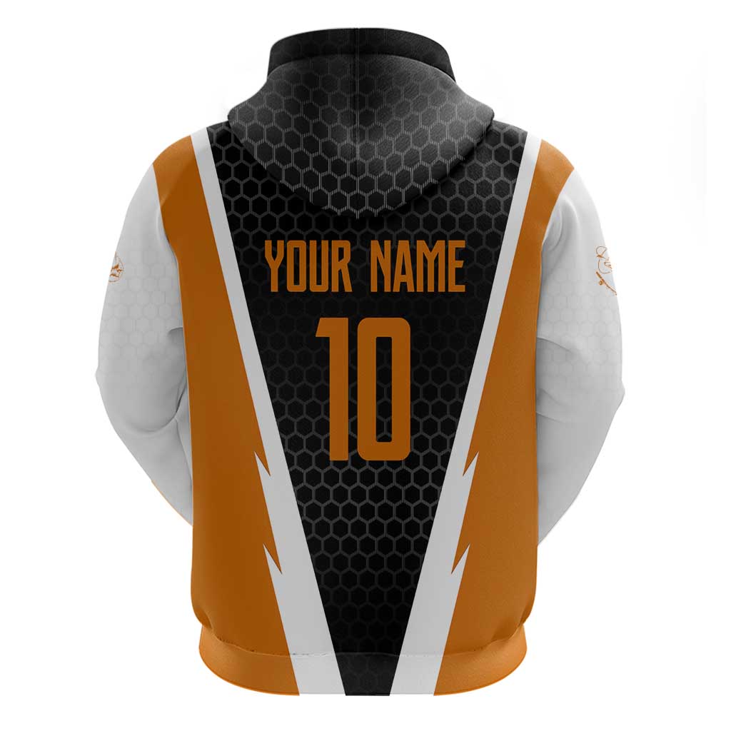 Bass Fishing Hoodie Jumping Largemouth Fish on Black Hex Pattern and Orange White Lightning Accents - Wonder Print Shop