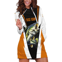 Bass Fishing Hoodie Dress Jumping Largemouth Fish on Black Hex Pattern and Orange White Lightning Accents - Wonder Print Shop