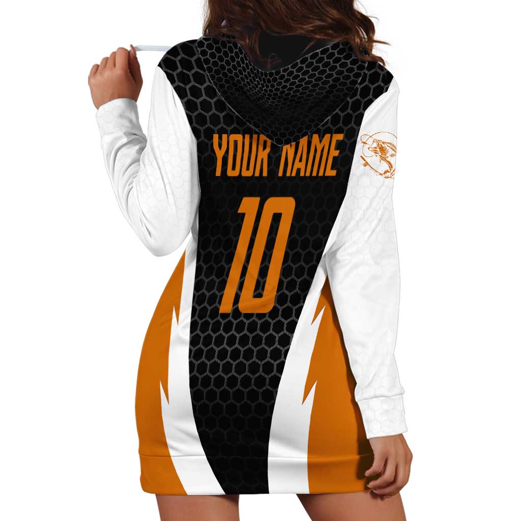 Bass Fishing Hoodie Dress Jumping Largemouth Fish on Black Hex Pattern and Orange White Lightning Accents - Wonder Print Shop