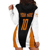 Bass Fishing Hoodie Dress Jumping Largemouth Fish on Black Hex Pattern and Orange White Lightning Accents - Wonder Print Shop