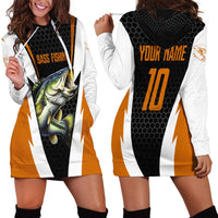 Bass Fishing Hoodie Dress Jumping Largemouth Fish on Black Hex Pattern and Orange White Lightning Accents - Wonder Print Shop