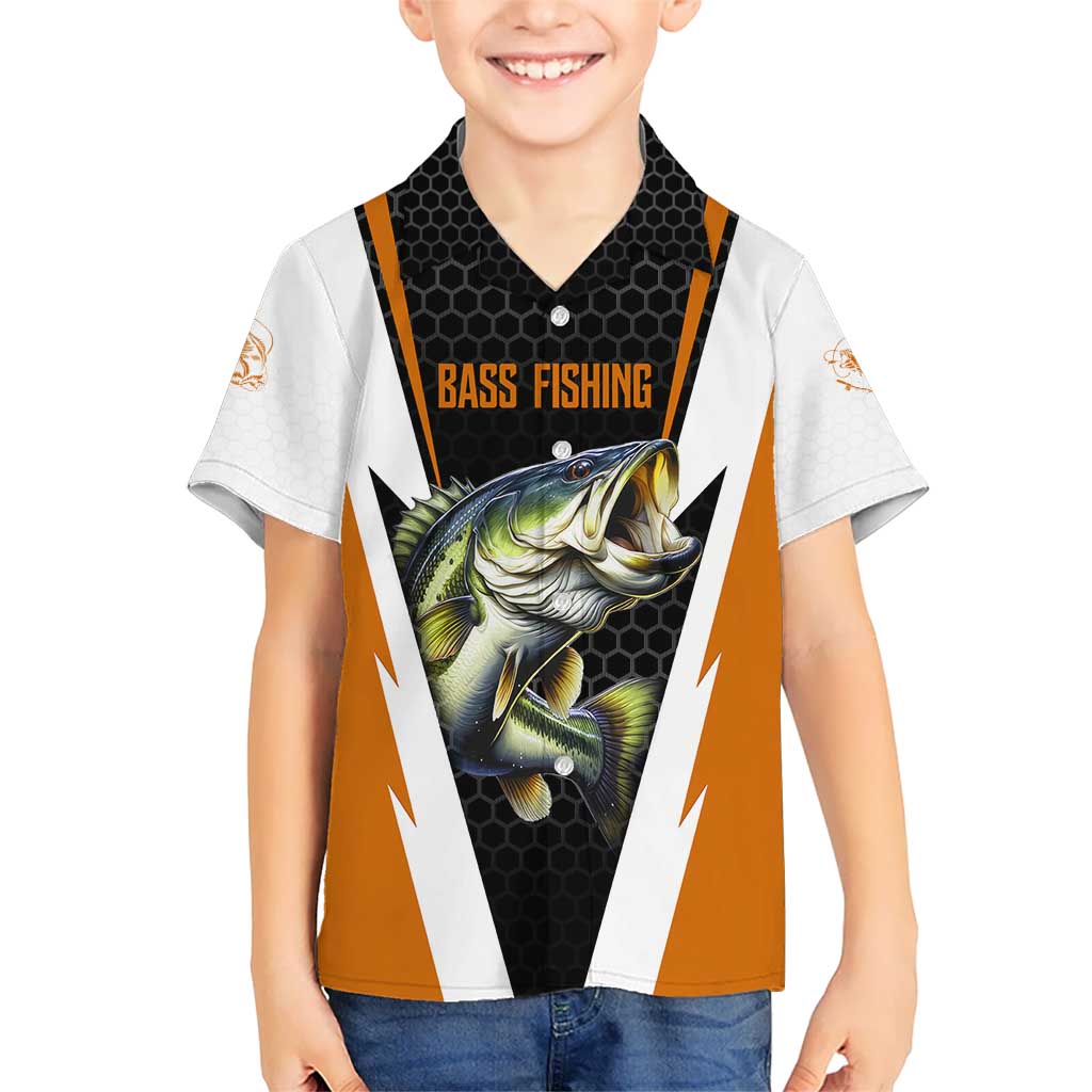Bass Fishing Kid Hawaiian Shirt Jumping Largemouth Fish on Black Hex Pattern and Orange White Lightning Accents - Wonder Print Shop