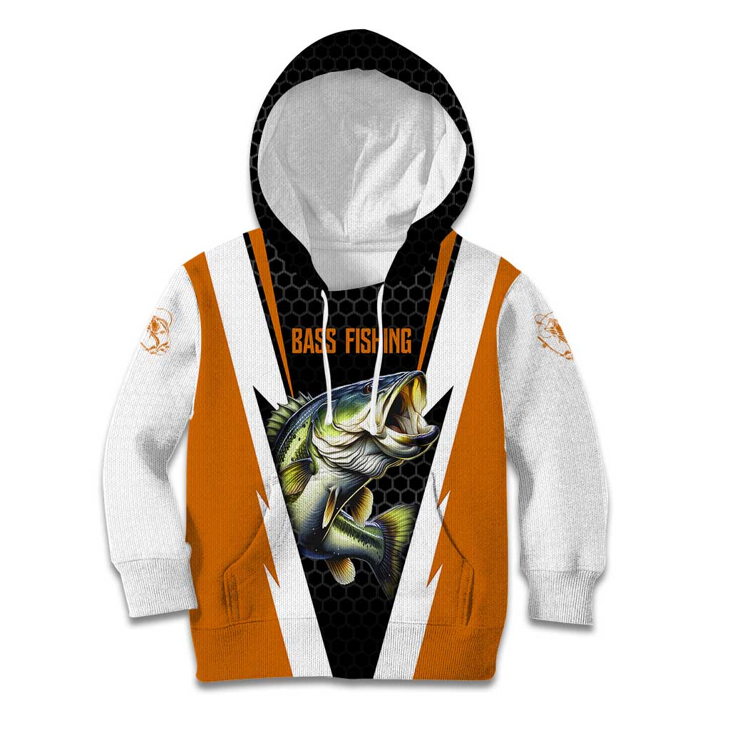 Bass Fishing Kid Hoodie Jumping Largemouth Fish on Black Hex Pattern and Orange White Lightning Accents - Wonder Print Shop