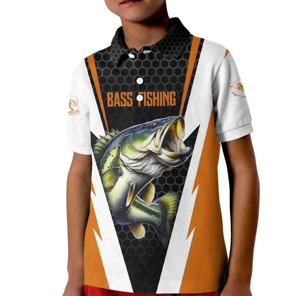 Bass Fishing Kid Polo Shirt Jumping Largemouth Fish on Black Hex Pattern and Orange White Lightning Accents - Wonder Print Shop