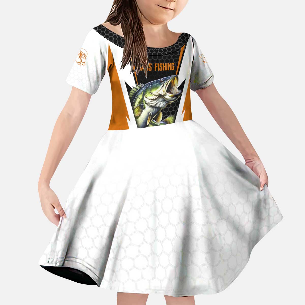 Bass Fishing Kid Short Sleeve Dress Jumping Largemouth Fish on Black Hex Pattern and Orange White Lightning Accents - Wonder Print Shop