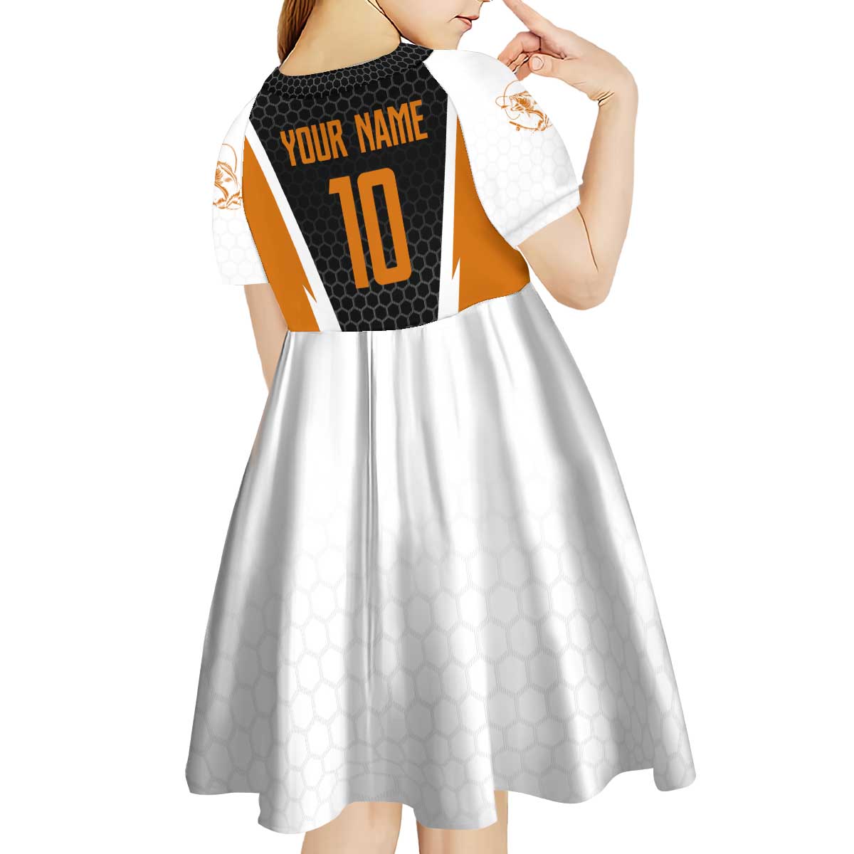 Bass Fishing Kid Short Sleeve Dress Jumping Largemouth Fish on Black Hex Pattern and Orange White Lightning Accents - Wonder Print Shop