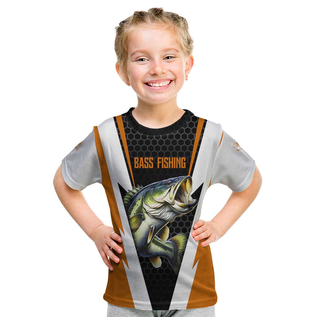 Bass Fishing Kid T Shirt Jumping Largemouth Fish on Black Hex Pattern and Orange White Lightning Accents - Wonder Print Shop