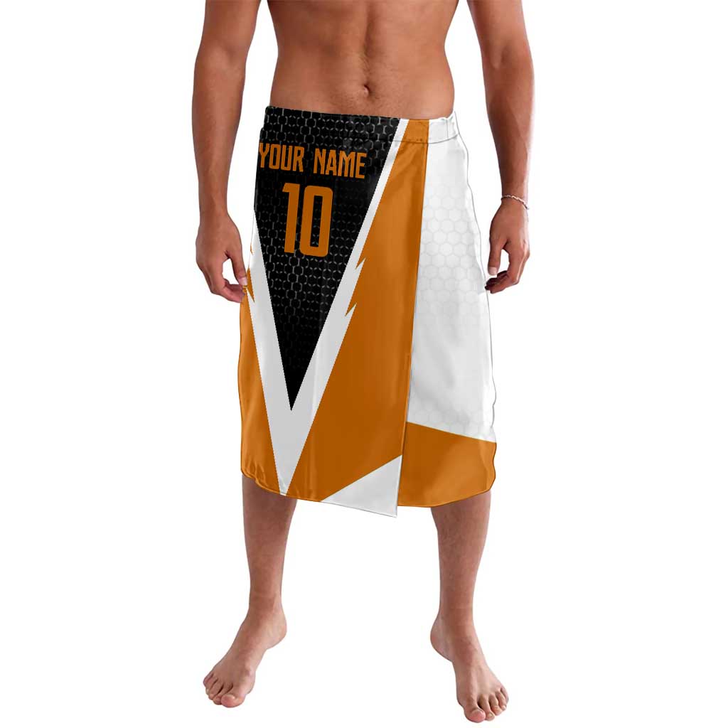 Bass Fishing Lavalava Jumping Largemouth Fish on Black Hex Pattern and Orange White Lightning Accents - Wonder Print Shop