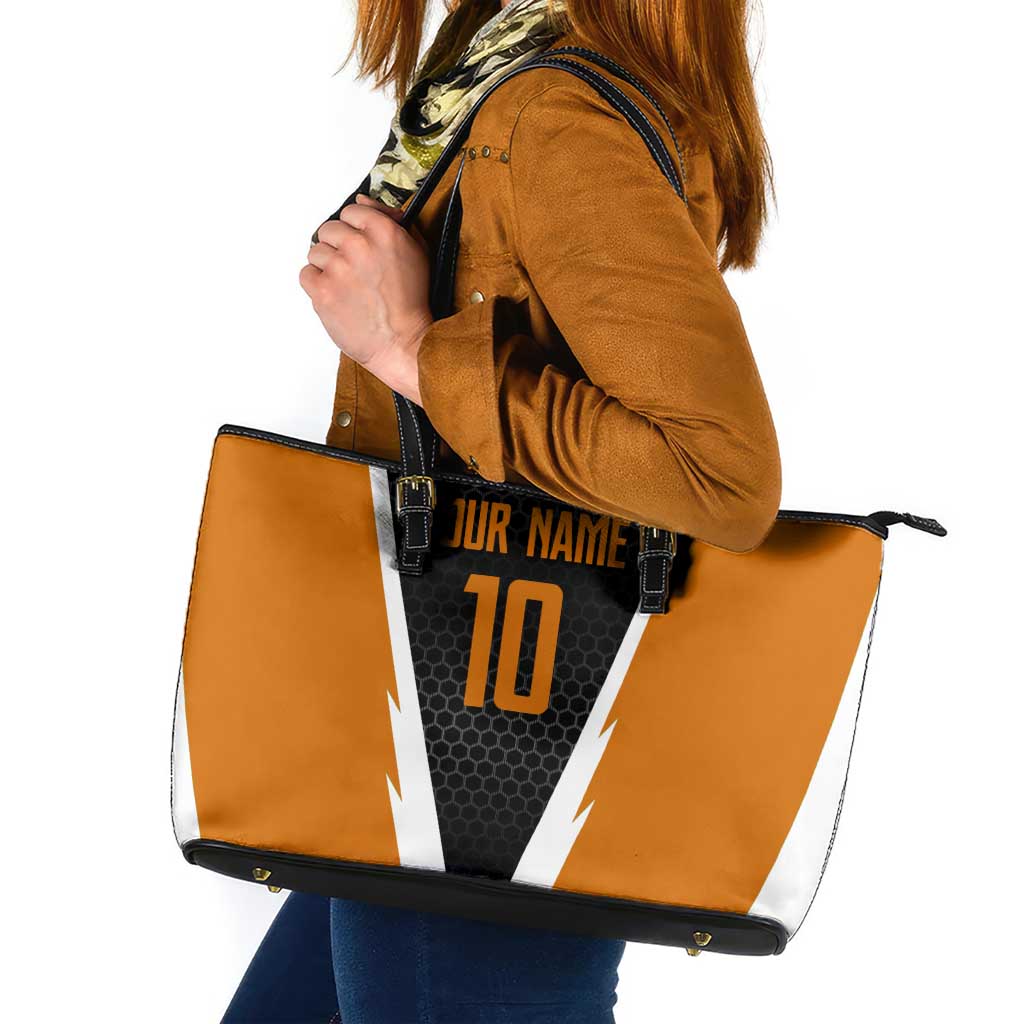 Bass Fishing Leather Tote Bag Jumping Largemouth Fish on Black Hex Pattern and Orange White Lightning Accents - Wonder Print Shop