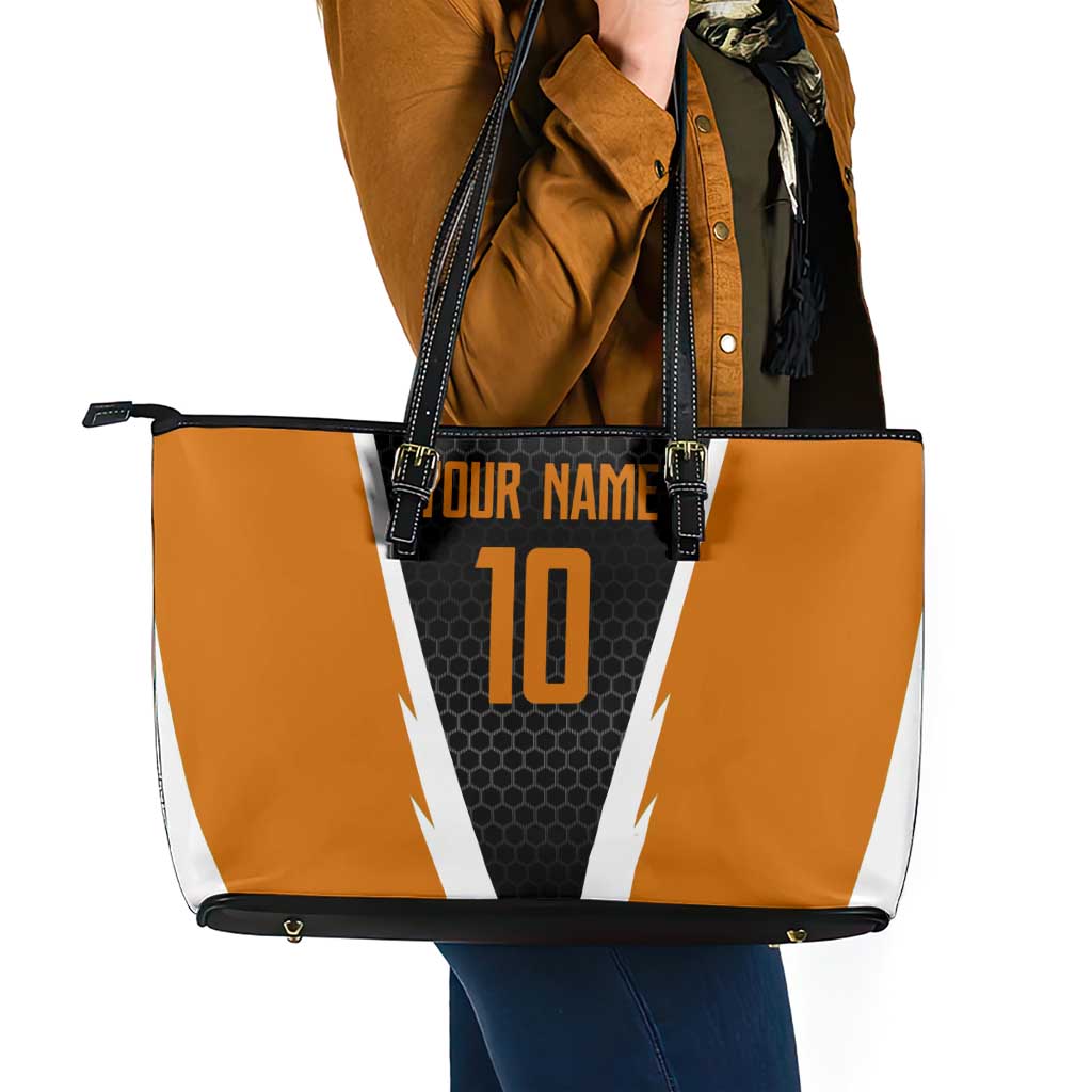 Bass Fishing Leather Tote Bag Jumping Largemouth Fish on Black Hex Pattern and Orange White Lightning Accents - Wonder Print Shop