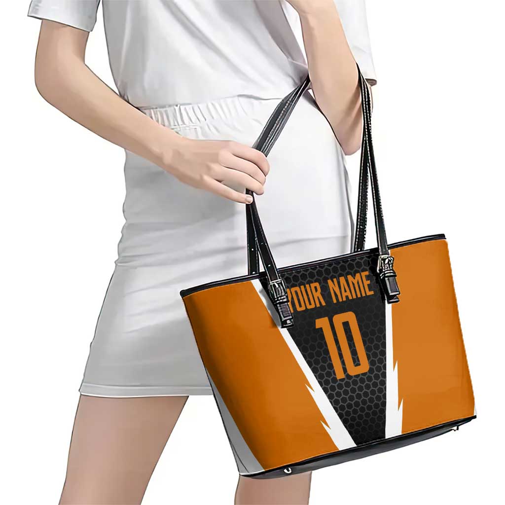 Bass Fishing Leather Tote Bag Jumping Largemouth Fish on Black Hex Pattern and Orange White Lightning Accents - Wonder Print Shop