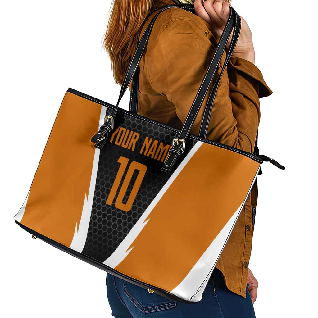 Bass Fishing Leather Tote Bag Jumping Largemouth Fish on Black Hex Pattern and Orange White Lightning Accents - Wonder Print Shop