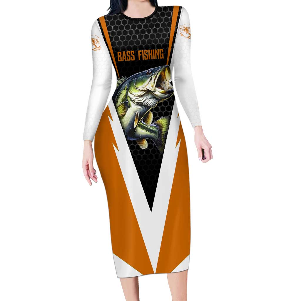 Bass Fishing Long Sleeve Bodycon Dress Jumping Largemouth Fish on Black Hex Pattern and Orange White Lightning Accents - Wonder Print Shop