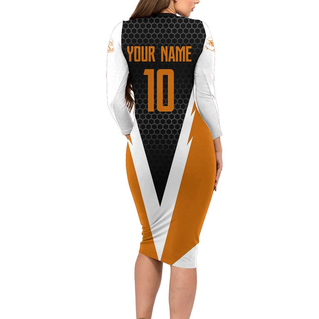 Bass Fishing Long Sleeve Bodycon Dress Jumping Largemouth Fish on Black Hex Pattern and Orange White Lightning Accents - Wonder Print Shop