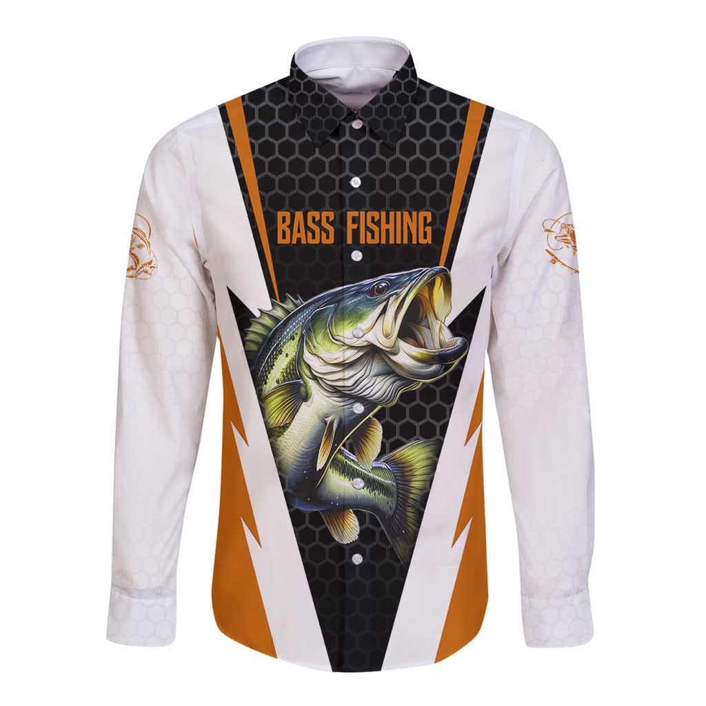 Bass Fishing Long Sleeve Button Shirt Jumping Largemouth Fish on Black Hex Pattern and Orange White Lightning Accents - Wonder Print Shop