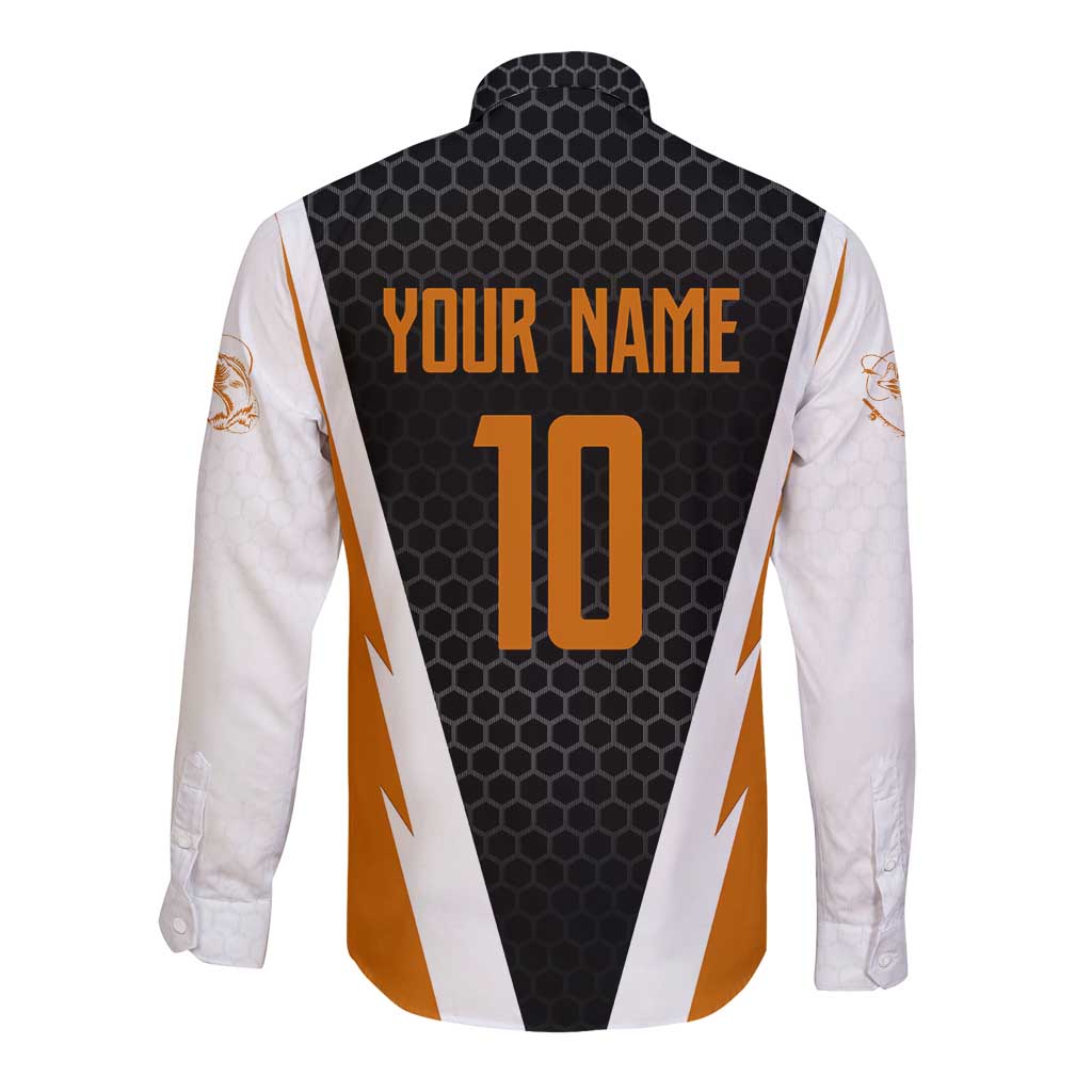 Bass Fishing Long Sleeve Button Shirt Jumping Largemouth Fish on Black Hex Pattern and Orange White Lightning Accents - Wonder Print Shop
