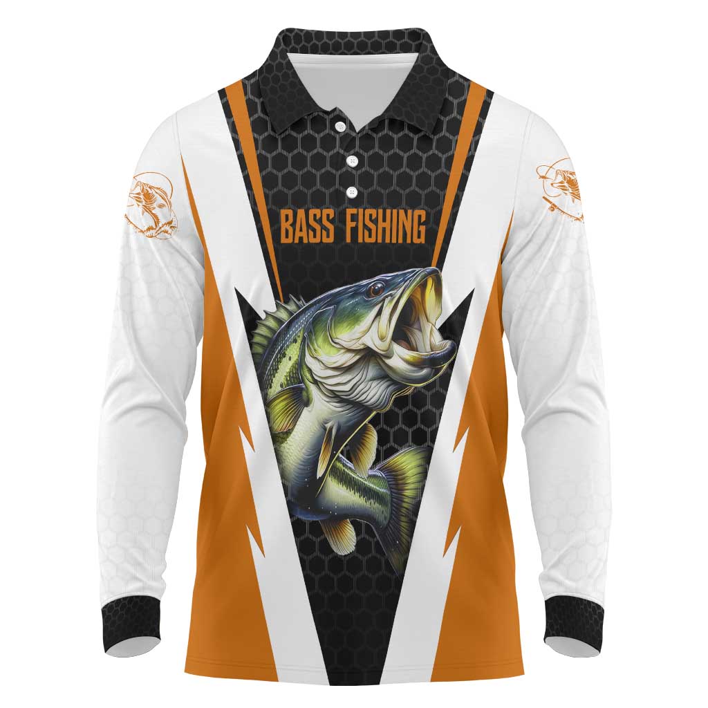 Bass Fishing Long Sleeve Polo Shirt Jumping Largemouth Fish on Black Hex Pattern and Orange White Lightning Accents - Wonder Print Shop