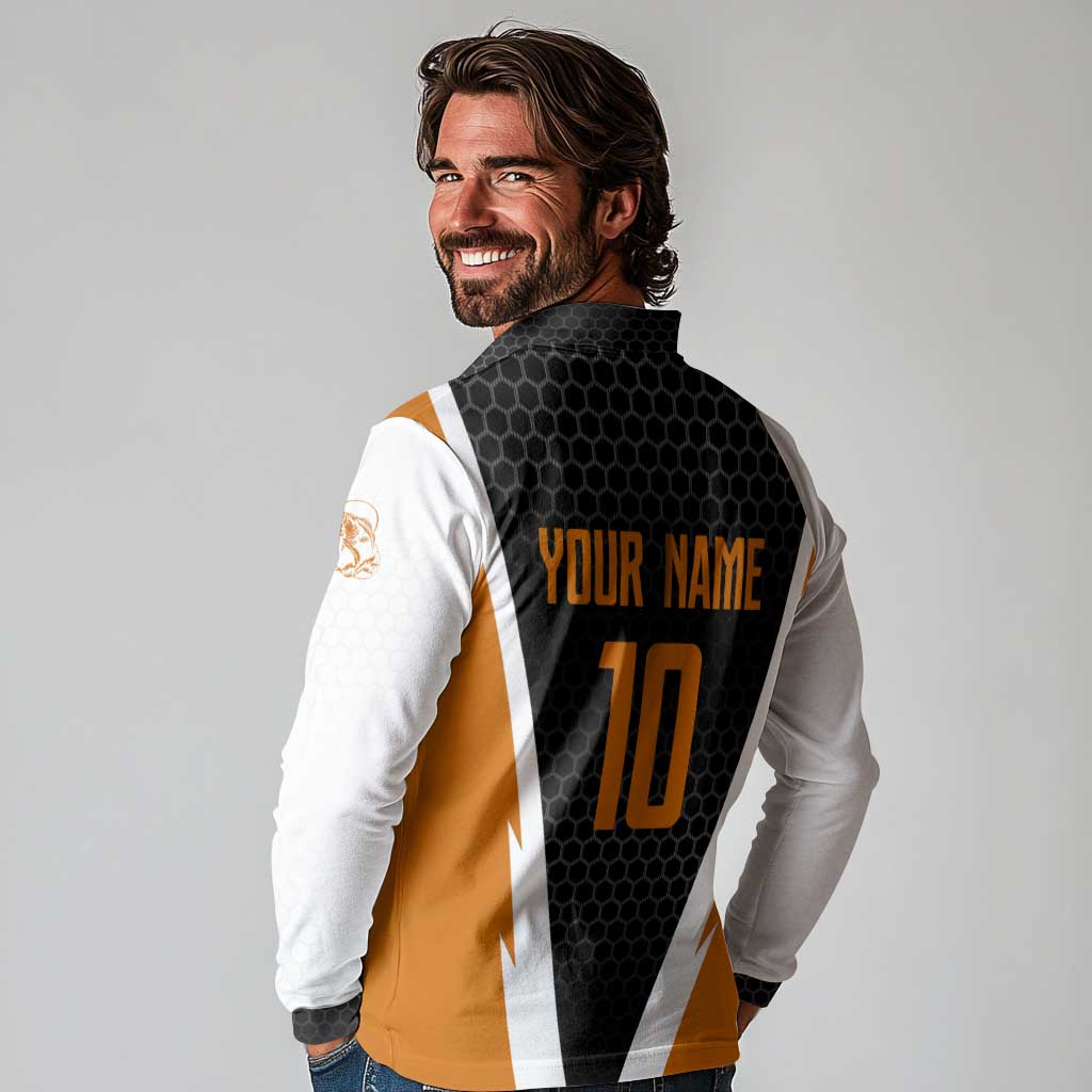 Bass Fishing Long Sleeve Polo Shirt Jumping Largemouth Fish on Black Hex Pattern and Orange White Lightning Accents - Wonder Print Shop