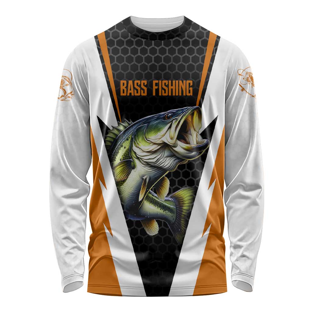 Bass Fishing Long Sleeve Shirt Jumping Largemouth Fish on Black Hex Pattern and Orange White Lightning Accents - Wonder Print Shop