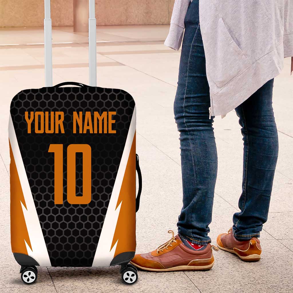 Bass Fishing Luggage Cover Jumping Largemouth Fish on Black Hex Pattern and Orange White Lightning Accents - Wonder Print Shop