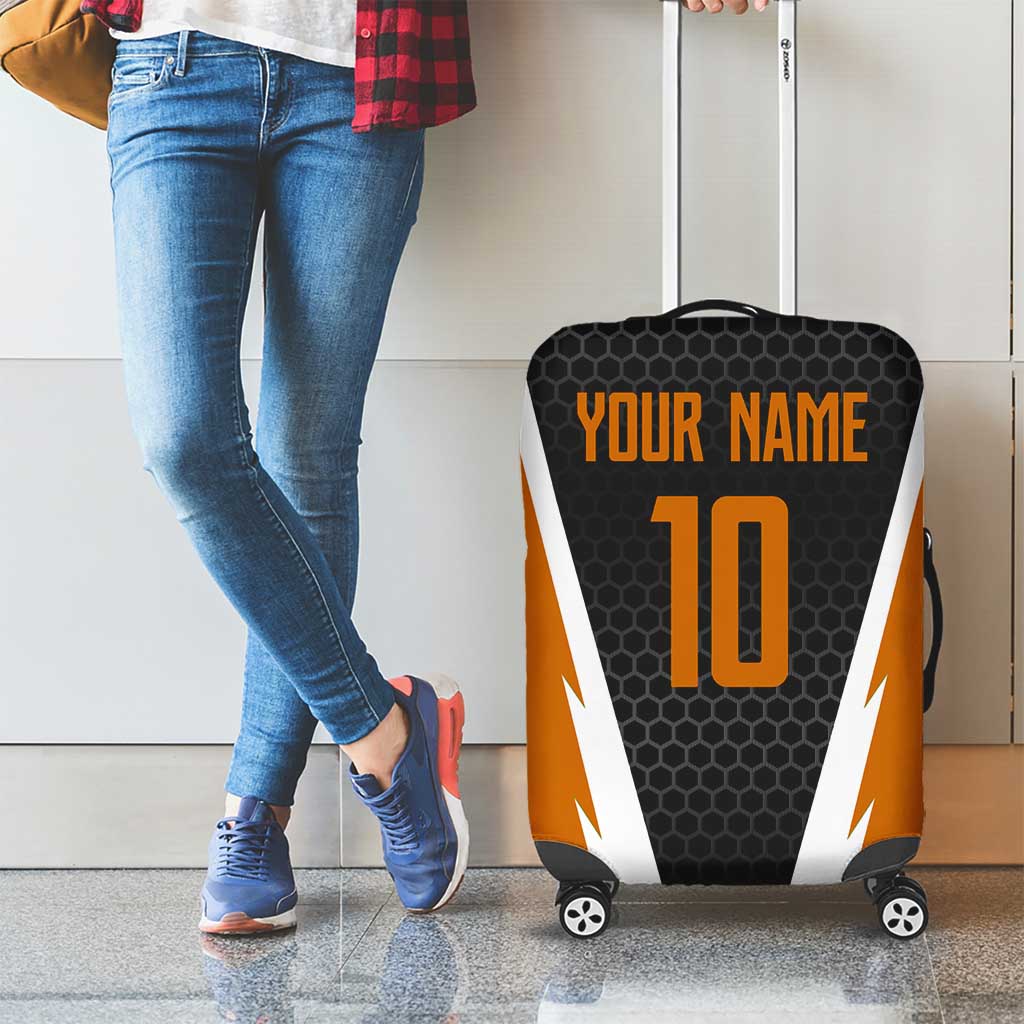 Bass Fishing Luggage Cover Jumping Largemouth Fish on Black Hex Pattern and Orange White Lightning Accents - Wonder Print Shop